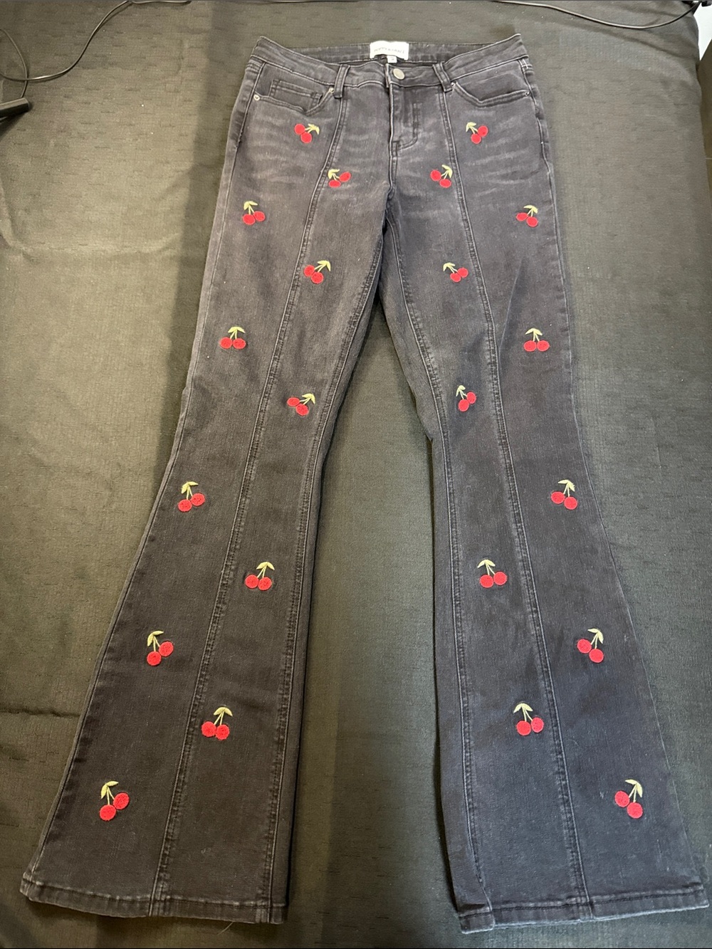 Embroidered Cherry Flare Jeans in Black Y2K Fun